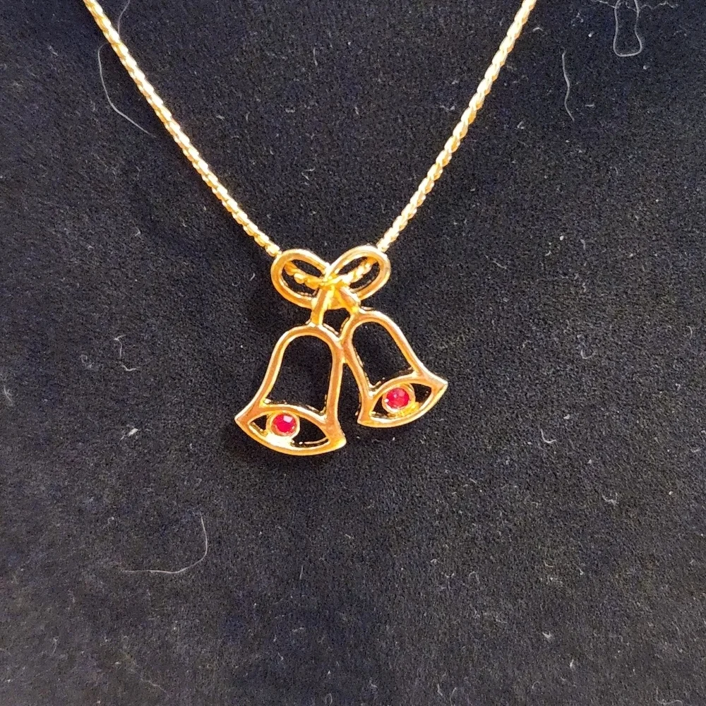 Avon Gold-Tone Double Bell Necklace with Red Stones
